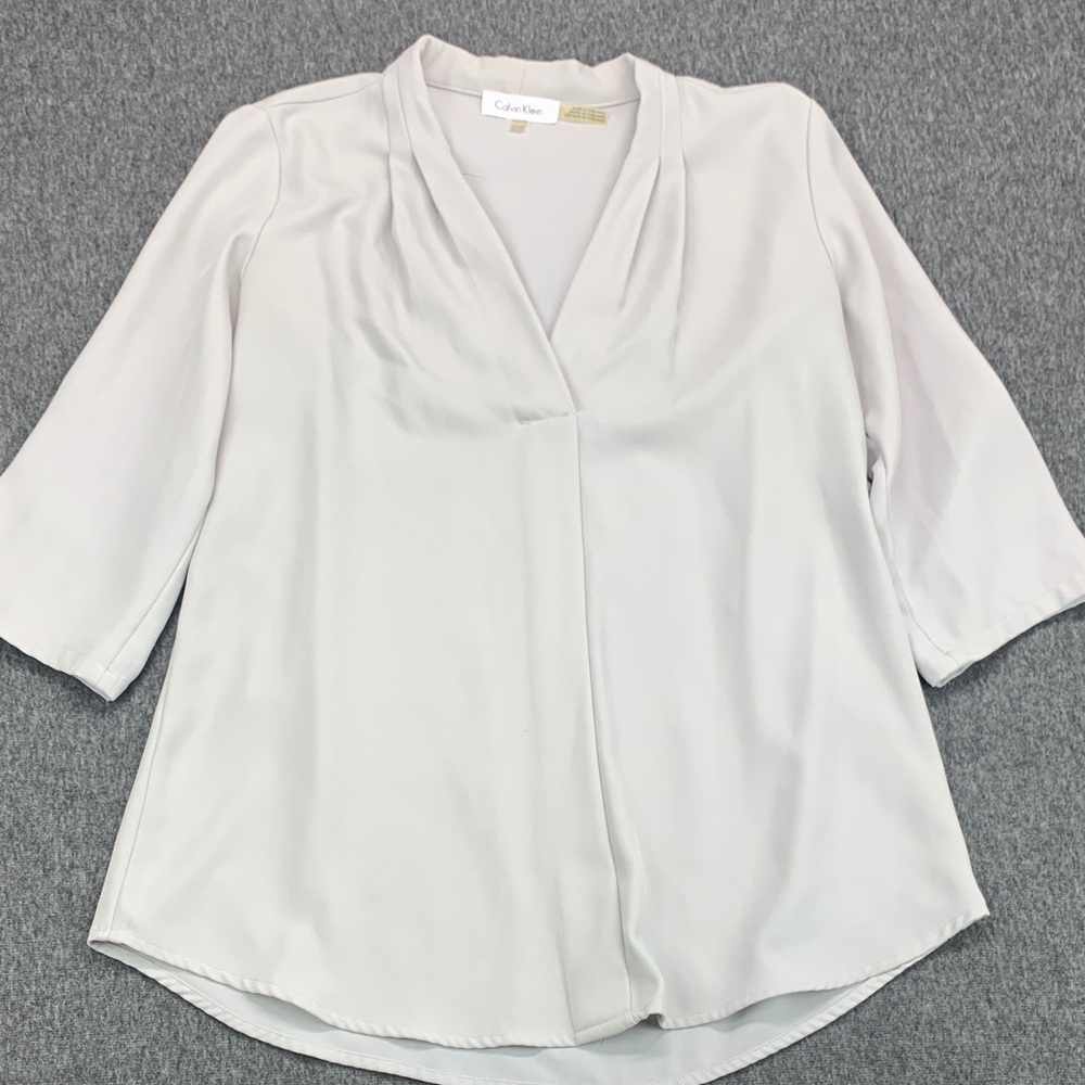 Calvin Klein Cream V-Neck Blouse with Soft Drape - Size Small